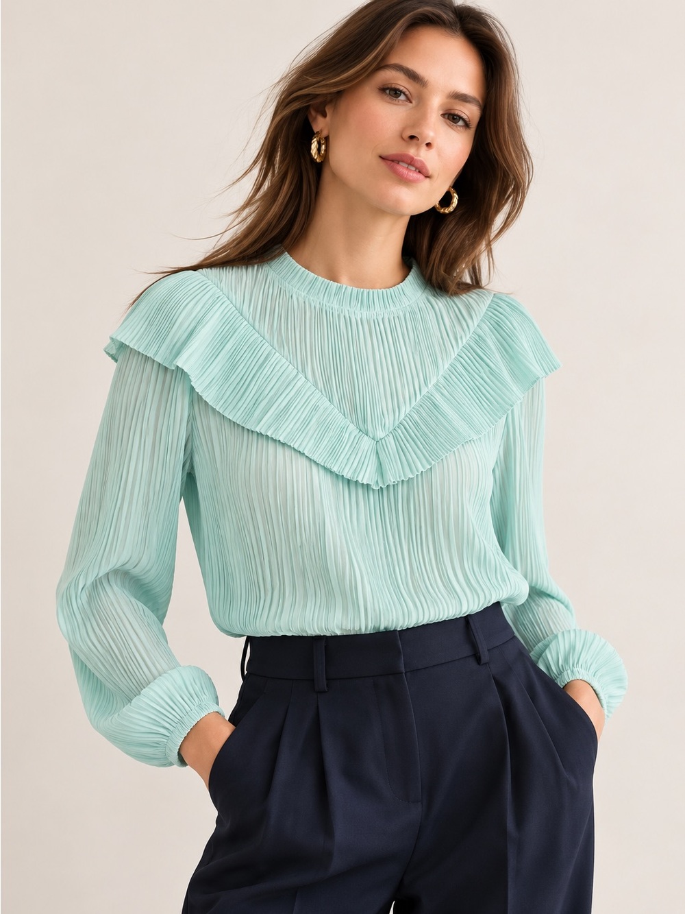 J. Crew Crinkle-chiffon V-detail top in Mint Green Size Medium